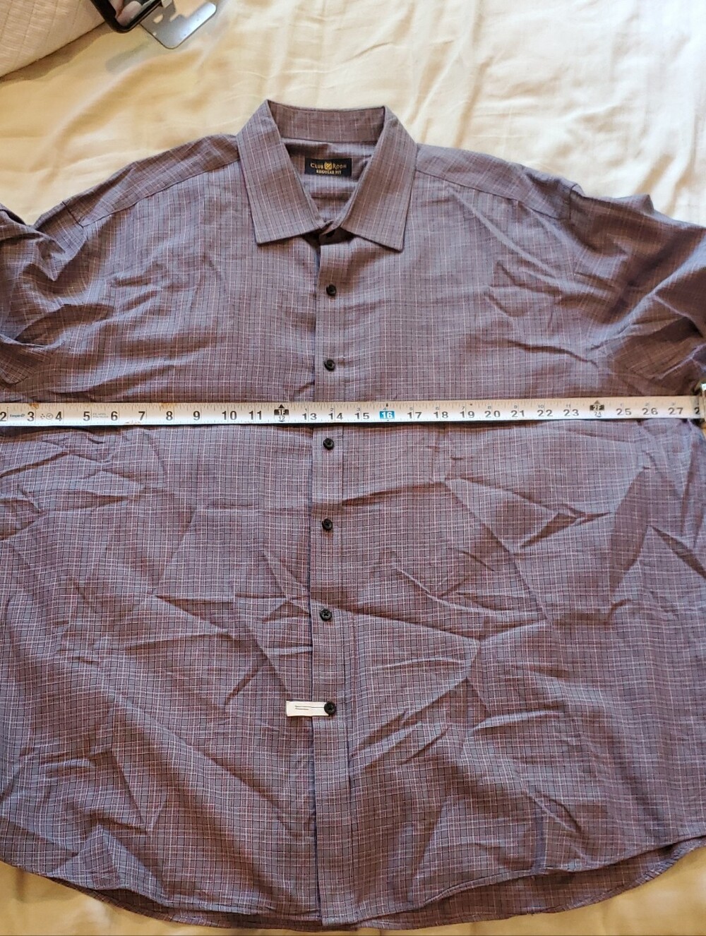 Club Room Men Plaid Dress Shirt 18.5 34/35 Regular Fit Like New Burgundy Gray